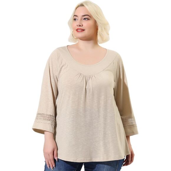 Women's Plus Size Crochet Panel Kimono Raglan Sleeves Tops Apricot - Picture 1 of 6